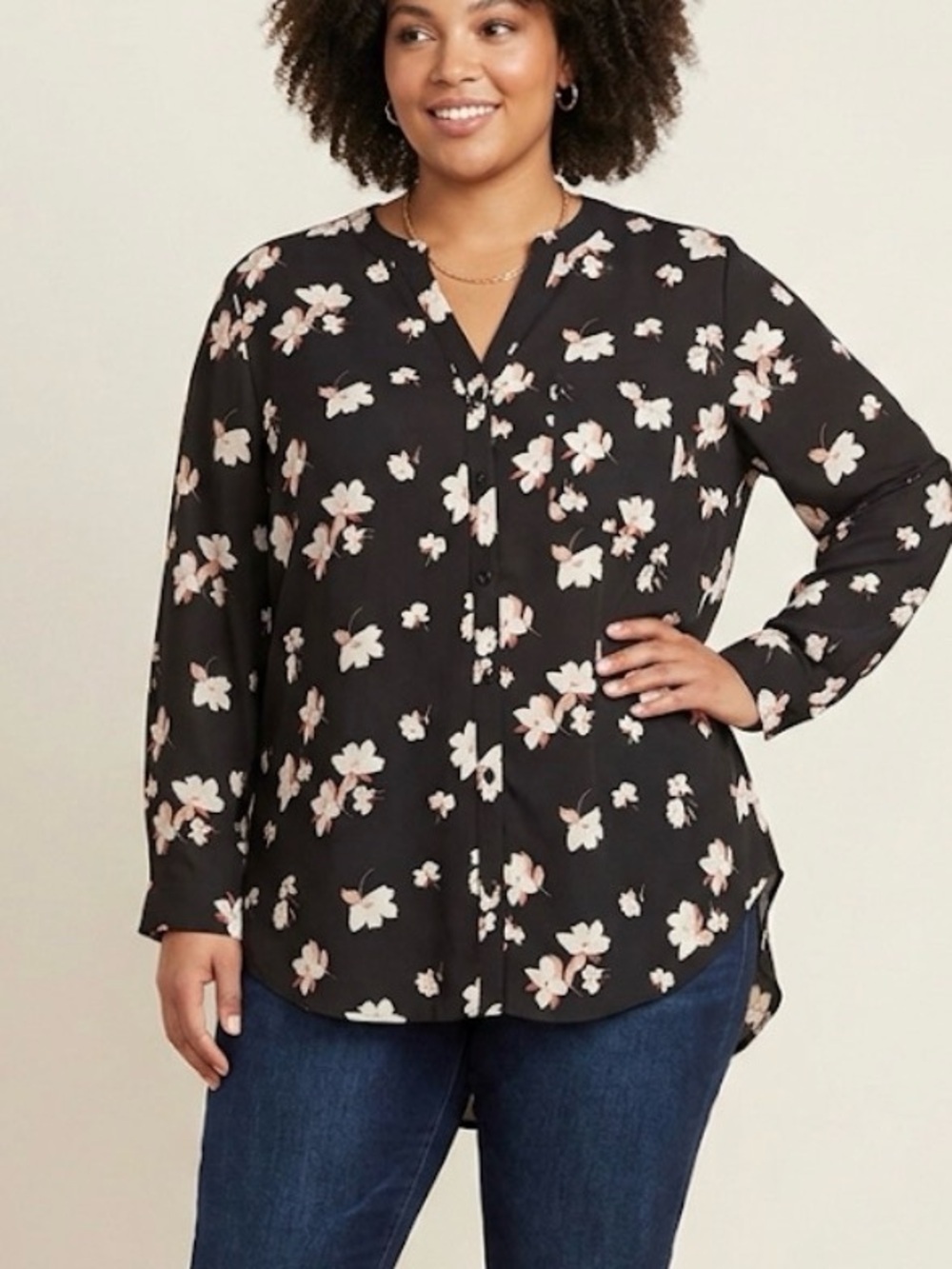 NWT Simply Emma 1X Floral Black Blouse Long Sleeve Size 1X